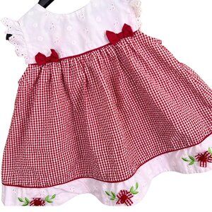 Kidlooks Baby Dress 24M Red Gingham Cottagecore Eyelet Embroidered Bows